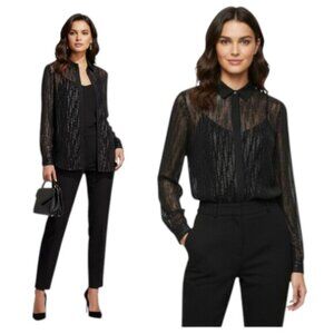 Reiss Black Sheer Mesh Metallic Blouse Long Sleeve 6